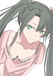 Rule 34 | 1girl, bra, breasts, brown bra, closed mouth, commentary request, green eyes, green hair, hair between eyes, hair ribbon, highres, kantai collection, ken (shutenndouji1), long hair, looking at viewer, medium breasts, pink ribbon, pink shirt, ribbon, shirt, simple background, smile, solo, twitter username, underwear, upper body, white background, zuikaku (kancolle)