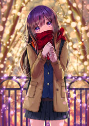Rule 34 | 1girl, argyle, argyle clothes, argyle scarf, backpack, bag, bare tree, black skirt, blue vest, blurry, blurry background, blush, brown jacket, christmas lights, commentary request, covered mouth, cowboy shot, depth of field, hands up, head tilt, highres, jacket, long hair, long sleeves, looking at viewer, necktie, open clothes, open jacket, original, pleated skirt, purple eyes, purple hair, railing, red necktie, red scarf, scarf, school uniform, shirt, signature, skirt, solo, standing, sweater vest, takuki takuki, tree, twitter username, unmoving pattern, vest, white shirt