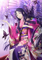 Rule 34 | 1girl, blurry, braid, bug, butterfly, commentary request, copyright request, day, depth of field, dutch angle, feet out of frame, floral print, flower, haori, highres, holding, holding umbrella, inanome me, insect, japanese clothes, kimono, long hair, long sleeves, looking at viewer, obi, oil-paper umbrella, outstretched hand, parted bangs, petals, pink kimono, purple butterfly, purple eyes, purple flower, purple hair, sash, side braid, sitting, solo, straight hair, twin braids, umbrella, very long hair, white background, wisteria