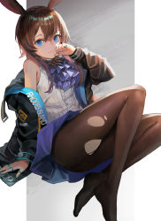 Rule 34 | 1girl, amiya (arknights), animal ears, arknights, ascot, ass, bare shoulders, black jacket, blue eyes, blue skirt, brown hair, brown pantyhose, feet, hand up, highres, jacket, jewelry, long hair, long sleeves, looking at viewer, miniskirt, multiple rings, no shoes, off shoulder, open clothes, open jacket, pantyhose, rabbit ears, ribbed shirt, ring, shirt, skirt, sl86, sleeveless, sleeveless shirt, solo, torn clothes, torn pantyhose, white shirt