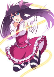 Rule 34 | 1girl, agekichi (heart shape), bad id, bad pixiv id, blue eyes, blush, breasts, gloves, long hair, looking at viewer, medium breasts, open mouth, original, purple hair, simple background, smile, solo, source request, striped clothes, striped thighhighs, thighhighs, twintails, white background