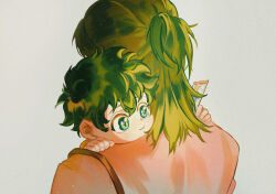 Rule 34 | 1boy, 1girl, all might, boku no hero academia, bright pupils, carrying, child carry, commentary request, freckles, from behind, green eyes, green hair, grey background, highres, light particles, medium hair, messy hair, midoriya inko, midoriya izuku, mother and son, serein, short hair, sidelighting, smile, upper body