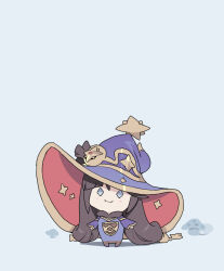 Rule 34 | 1girl, absurdly long hair, blade (galaxist), blue eyes, blush stickers, brown hair, chibi, closed mouth, genshin impact, hat, highres, large hat, long hair, looking at viewer, mona (genshin impact), purple hat, smile, solo, very long hair