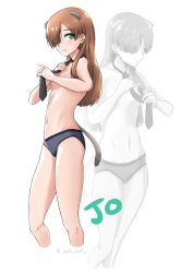 Rule 34 | 1girl, aged up, animal ears, black necktie, black panties, blush, breasts, brown hair, closed mouth, green eyes, hair over one eye, highres, joanna elizabeth stafford, kuni-kun, long hair, looking at viewer, luminous witches, navel, necktie, no bra, panties, prairie dog ears, prairie dog tail, simple background, small breasts, smile, solo, tail, topless, underwear, white background, world witches series