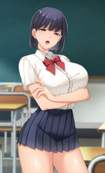 Rule 34 | 1girl, absurdres, black hair, blurry, blurry background, bow, bowtie, breasts, chair, chalkboard, class no joshi to sefri ni naru hanashi, classroom, cowboy shot, crossed arms, desk, eyebrows hidden by hair, female focus, highres, indoors, large breasts, legs, looking at viewer, open mouth, original, purple eyes, school uniform, short hair, skirt, solo, standing, superbad, thighs