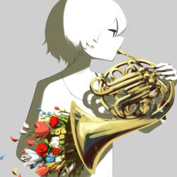 Rule 34 | 1boy, avogado6, colored skin, flower, french horn, grey background, holding, holding instrument, instrument, male focus, music, original, playing instrument, playing piano, red flower, red rose, rose, shirt, simple background, solo, white flower, white hair, white shirt, white skin