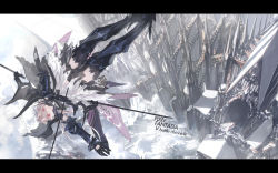 Rule 34 | 1girl, architecture, armor, boots, bow (weapon), camisole, falling, focuslight, gauntlets, greaves, highres, letterboxed, lin+, long hair, outstretched arms, pink eyes, pink hair, pixiv fantasia, pixiv fantasia 5, pleated skirt, red eyes, revision, silver hair, skirt, solo, thigh boots, thighhighs, wallpaper, weapon, wings, zettai ryouiki
