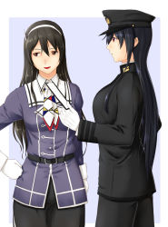 Rule 34 | 10s, 2girls, ashigara (kancolle), black hair, blue background, breasts, brown eyes, brown hair, clipboard, commentary request, epaulettes, female admiral (kancolle), gloves, hair between eyes, hairband, hand on own hip, hat, highres, holding, holding paper, jacket, kantai collection, large breasts, long hair, long sleeves, looking to the side, medium breasts, military, military hat, military uniform, multiple girls, neckerchief, niwatazumi, open mouth, pants, pantyhose, paper, peaked cap, pencil skirt, remodel (kantai collection), sketch, skirt, tatebayashi sakurako, teeth, uniform, white gloves, white legwear