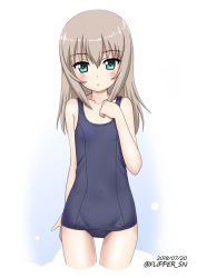 Rule 34 | 10s, 1girl, aged down, alternate eye color, arm behind back, blue one-piece swimsuit, commentary, covered navel, cowboy shot, flipper, girls und panzer, green eyes, itsumi erika, long hair, looking at viewer, old school swimsuit, one-hour drawing challenge, one-piece swimsuit, parted lips, school swimsuit, silver hair, simple background, standing, swimsuit, white background