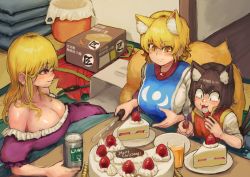 Rule 34 | 3girls, :3, :d, animal ear fluff, animal ears, bare shoulders, blonde hair, blush, box, breasts, brown eyes, brown hair, cake, can, cat ears, cat tail, chanta (ayatakaoisii), chen, cleavage, commentary request, cup, dress, drinking glass, food, fork, fox ears, highres, holding, holding fork, holding knife, indoors, knife, large breasts, long hair, looking at another, merry christmas, multiple girls, multiple tails, nekomata, no headwear, off-shoulder dress, off shoulder, open mouth, plate, puffy short sleeves, puffy sleeves, purple dress, red eyes, red vest, short hair, short sleeves, slit pupils, smile, strawberry shortcake, tabard, tail, tatami, touhou, two tails, upper body, vest, white dress, yakumo ran, yakumo yukari