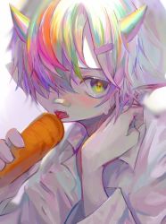 Rule 34 | 1boy, bad id, bad pixiv id, bandaid, bandaid on face, bandaid on nose, carrot, commentary, dress shirt, fang, food, hair between eyes, hair ornament, hair over one eye, hairclip, holding, holding carrot, holding food, holding vegetable, horns, hzk (user kemd2843), licking, long sleeves, looking at viewer, male focus, multicolored eyes, multicolored hair, orange hair, original, pink hair, purple hair, red hair, shirt, simple background, skin fang, solo, sweat, symbol-only commentary, tongue, upper body, vegetable, white background, white hair, white shirt