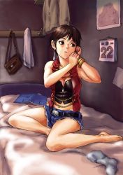 Rule 34 | 1girl, barefoot, bed, belt, book, breasts, brown eyes, brown hair, calendar (object), cleavage, closed mouth, earrings, jewelry, kowloon&#039;s gate, lynchee, short hair, short shorts, shorts, socks, solo, xiaohei