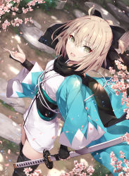 Rule 34 | 1girl, ahoge, black bow, blonde hair, bow, breasts, fate/grand order, fate (series), flower, gabiran, hair bow, half updo, haori, highres, japanese clothes, koha-ace, large breasts, long sleeves, looking at viewer, okita souji (fate), okita souji (koha-ace), open mouth, petals, short hair, smile, solo, wide sleeves, yellow eyes