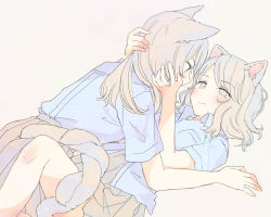 Rule 34 | 2girls, animal ears, arm support, bare legs, blue shirt, blush, cat ears, cat girl, cat tail, closed mouth, collared shirt, commentary request, eye contact, girl on top, grey background, grey eyes, grey skirt, hands on another&#039;s head, intertwined tails, inutose, long hair, looking at another, lying, medium hair, multiple girls, on back, original, pleated skirt, school uniform, shirt, short sleeves, simple background, skirt, smile, tail, yuri