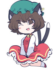 Rule 34 | 1girl, animal ears, blush stickers, brown eyes, brown hair, cat ears, cat tail, chahan (fried rice0614), chen, dress, earrings, fang, frilled dress, frills, green hat, hat, highres, jewelry, long sleeves, mob cap, multiple tails, one-hour drawing challenge, one eye closed, open mouth, red dress, red footwear, shoes, short hair, simple background, single earring, smile, socks, solo, tail, touhou, two tails, white background, white socks