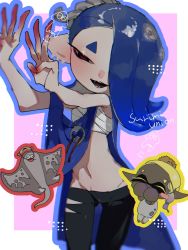 Rule 34 | 2girls, ^ ^, arms up, asymmetrical hair, bare shoulders, big man (splatoon), black leggings, blonde hair, blue hair, blue outline, blue shawl, blurry, blush, blush stickers, border, breasts, chibi, chibi inset, chromatic aberration, closed eyes, clothing cutout, colored eyelashes, covering own mouth, cowboy shot, dark-skinned female, dark skin, depth of field, double w, fangs, forehead, frye (splatoon), gradient hair, groin, hachimaki, hair over one eye, hair tie, half-closed eyes, hands up, happy, headband, highres, inkling, inkling player character, leggings, long hair, manta ray, multicolored hair, multiple girls, navel, nejiri hachimaki, nico (nico minico), nintendo, octoling, one eye covered, open mouth, outline, outside border, own hands together, pink background, pointy ears, purple hair, red eyes, red outline, sarashi, shawl, shiver (splatoon), simple background, skin tight, small breasts, smile, splatoon (series), splatoon 3, standing, stomach, suction cups, teeth, tentacle hair, tentacles, thick eyebrows, two-tone hair, w, white border, yellow outline