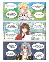 Rule 34 | 3girls, 3koma, bare shoulders, blonde hair, blurry, blurry background, blush, braid, breasts, brown hair, cleavage, closed mouth, collarbone, collared shirt, comic, commentary, company connection, depth of field, dress, english commentary, english text, flower, genshin impact, green eyes, grey hair, hair between eyes, hair flower, hair ornament, highres, honkai: star rail, honkai (series), jacket, long hair, lumine (genshin impact), medium breasts, mihoyo, multiple girls, nirvelia, open clothes, open jacket, parted lips, red flower, red jacket, rosa (tears of themis), shirt, stelle (honkai: star rail), tears of themis, trailblazer (honkai: star rail), white dress, white shirt, yellow eyes