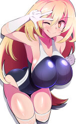 Rule 34 | 1girl, artistic error, ass, bare shoulders, black one-piece swimsuit, blonde hair, blush, breasts, bright pupils, brown eyes, competition swimsuit, elbow gloves, gloves, harubato, highres, large breasts, long hair, looking at viewer, one-piece swimsuit, one eye closed, shokuhou misaki, smile, solo, spider web print, star-shaped pupils, star (symbol), swimsuit, symbol-shaped pupils, thighhighs, toaru kagaku no mental out, toaru kagaku no railgun, toaru majutsu no index, tokiwadai school swimsuit, tongue, tongue out, very long hair, w, w over eye, white gloves, white pupils