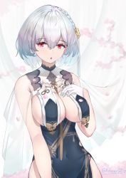 Rule 34 | 1girl, :o, artist name, azur lane, bad id, bad pixiv id, black dress, blush, braid, breast curtains, breasts, cleavage, covered navel, cowboy shot, curtains, dress, gloves, hair between eyes, hair ornament, hand on own chest, large breasts, looking at viewer, parted lips, pelvic curtain, petals, pink eyes, revealing clothes, see-through, short hair, showerz, signature, silver hair, sirius (azur lane), sirius (azure horizons) (azur lane), solo, white gloves