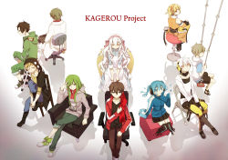 Rule 34 | 4girls, 6+boys, amamiya hibiya, black hair, blonde hair, blue eyes, blue hair, boots, brown eyes, brown hair, chair, donut (artist), dress, ene (kagerou project), green hair, headphones, hibiya (kagerou project), highres, hood, hoodie, kagerou project, kano shuuya, kido tsubomi, kisaragi momo, kisaragi shintarou, konoha (kagerou project), kozakura marry, lab coat, long hair, multiple boys, multiple girls, red eyes, seto kousuke, short hair, tateyama kenjirou, twintails, white hair