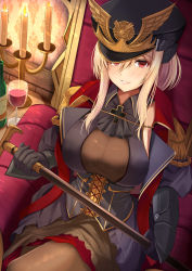Rule 34 | 1girl, alcohol, armchair, bad id, bad pixiv id, black gloves, black pantyhose, blonde hair, blue oath, blush, bottle, breasts, candle, cane, chair, cross, cup, dress, drinking glass, gauntlets, gloves, hat, highres, kanzaki kureha, knees up, large breasts, looking at viewer, medium hair, military, military hat, military uniform, pantyhose, prinz eugen (blue oath), red eyes, sitting, smile, solo, thighhighs, uniform, wine, wine bottle, wine glass