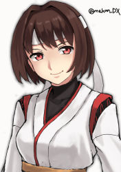 Rule 34 | 1girl, brown eyes, brown hair, headband, hyuuga (kancolle), japanese clothes, kantai collection, looking at viewer, maakun (makun dx), one-hour drawing challenge, short hair, simple background, solo, twitter username, undershirt, upper body, white background, white headband