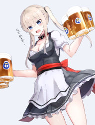 Rule 34 | 10s, 1girl, alcohol, alternate costume, apron, bad id, bad nicoseiga id, beer, beer mug, black dress, blonde hair, blue background, blue eyes, blush, bow, breasts, cleavage, collar, cowboy shot, cross, cup, dirndl, dress, dutch angle, frilled dress, frills, german clothes, graf zeppelin (kancolle), hair tie, highres, holding, iron cross, kantai collection, long hair, looking down, medium breasts, mug, nonon (xenonbot), red bow, sash, short sleeves, sidelocks, simple background, solo, standing, sweat, translated, twintails, waist apron, white apron