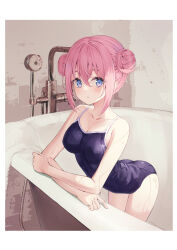 Rule 34 | 1girl, :o, absurdres, aid!, bare shoulders, bathtub, blue eyes, blue one-piece swimsuit, bocchi the rock!, border, breasts, cleavage, collarbone, commentary, competition school swimsuit, crossed arms, double bun, gotoh hitori, hair between eyes, hair bun, highres, long bangs, looking at viewer, medium breasts, one-piece swimsuit, open mouth, pink hair, school swimsuit, short hair, solo, swimsuit, thighs, wet, white border