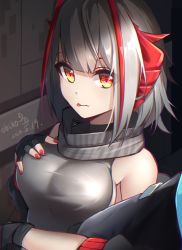 Rule 34 | 1girl, :p, arknights, bare shoulders, black gloves, breasts, commentary request, dated, doctor (arknights), fang, fang out, fingerless gloves, gloves, grey scarf, grey shirt, hand on own chest, highres, horns, indoors, katsuki natsu, large breasts, looking at viewer, nail polish, red nails, scarf, shirt, short hair, silver hair, sleeveless, sleeveless shirt, solo focus, tongue, tongue out, upper body, w (arknights), yellow eyes