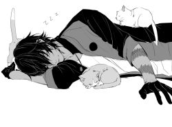 Rule 34 | 10s, 1boy, alternate costume, animal, cat, closed mouth, dragon, closed eyes, gloves, half gloves, head rest, lying, male focus, monochrome, necklace, ookurikara, personification, simple background, sleeping, tattoo, touken ranbu, upper body, vient, white background