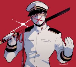 Rule 34 | 1boy, buttons, double-breasted, glasses, glint, gloves, hat, hitoranran, holding, holding sword, holding weapon, kotorai, long sleeves, looking at viewer, male focus, marumaru no shuyaku wa wareware da!, mask, military uniform, mouth mask, peaked cap, red background, signature, simple background, solo, sword, uniform, upper body, weapon, white gloves, white hat, white mask