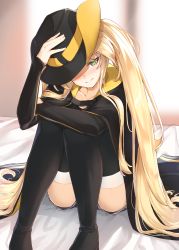 Rule 34 | 1girl, 3:, absurdres, ass, azur lane, black cloak, black footwear, black hat, black sleeves, blonde hair, blurry, blurry background, blush, boots, clip studio paint (medium), cloak, collarbone, commentary request, cowboy hat, cutoffs, detached sleeves, full body, green eyes, hand on headwear, hat, highres, hornet (azur lane), indoors, karla (kimidori3), knees together feet apart, light rays, long hair, looking at viewer, nose blush, on bed, shadow, short shorts, shorts, sidelocks, sitting, solo, sunbeam, sunlight, thigh boots, thighhighs, twintails, very long hair, white thighhighs