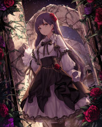 Rule 34 | 1girl, arm behind back, blouse, bow, bowtie, breasts, commentary request, dress, earrings, flower, gothic lolita, hair flower, hair ornament, highres, jewelry, lolita fashion, long hair, looking at viewer, night, night sky, original, outdoors, pillar, plant, purple eyes, purple flower, purple hair, purple rose, red flower, red rose, ribbon, rose, shirt, sky, small breasts, solo, standing, star (symbol), vines, yohaku