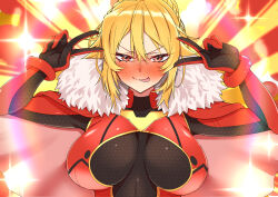 absurdres angelica_rapha_redgrave blonde_hair breasts commission emotional_engine_-_full_drive fairouz_ai fate/grand_order fate_(series) highres huge_breasts otome_game_sekai_wa_mob_ni_kibishii_sekai_desu pilot_suit red_eyes sei_shounagon_(fate) skeb_commission smile upper_body voice_actor_connection yamada_otonari