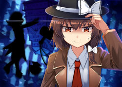 Rule 34 | 3girls, adjusting clothes, adjusting headwear, arm up, arrow (symbol), black headwear, bow, brown coat, brown eyes, brown hair, coat, commentary request, e.o., fedora, hair between eyes, hat, hat bow, kijin seija, long sleeves, looking at viewer, miracle mallet, multiple girls, necktie, needle, open clothes, open coat, red neckwear, shirt, short hair, silhouette, sukuna shinmyoumaru, sweat, touhou, upper body, usami renko, white bow, white shirt