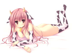 Rule 34 | 1girl, animal ears, animal print, ass, bell, breasts, cow ears, cow girl, cow print, detached sleeves, feet, horns, long hair, lying, medium breasts, nipples, no shoes, nude, pink hair, red eyes, solo, tateha (marvelous grace), thighhighs