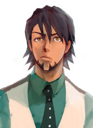 Rule 34 | 10s, 1boy, brown eyes, brown hair, collared shirt, facial hair, frown, kaburagi t. kotetsu, male focus, necktie, shirt, short hair, simple background, solo, stubble, ter (otokoter), tiger &amp; bunny, upper body, vest, waistcoat, white background