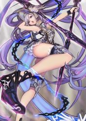 Rule 34 | 1girl, arm behind head, arm up, armor, black footwear, blue eyes, breastplate, chain, dual wielding, glowing, glowing weapon, high heels, highres, holding, holding weapon, long hair, multicolored hair, open mouth, original, polearm, purple hair, signature, solo, spear, tokiwata soul, very long hair, weapon, white hair, wristband