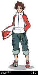 Rule 34 | 1boy, autumn-north, blue eyes, brown hair, eureka seven, eureka seven (series), full body, hand in pocket, hoverboard, jacket, male focus, pants, pants rolled up, renton thurston, shoes, short hair, smile, sneakers, solo