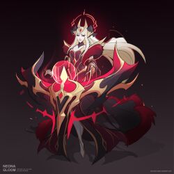 Rule 34 | 1girl, alternate costume, arcana (league of legends), artist name, bare shoulders, black horns, blonde hair, breasts, claws, closed mouth, dress, floating, floating object, frown, full body, gem, glowing, gradient background, hair ornament, highres, horns, large breasts, league of legends, long hair, looking at viewer, medium breasts, multicolored background, neona gloom, red dress, red eyes, solo, sona (league of legends), watermark