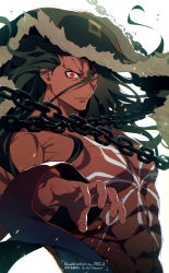 Rule 34 | 1boy, alcides (fate), black hair, body markings, chain, closed mouth, colored skin, expressionless, fate/strange fake, fate (series), highres, long hair, looking at viewer, male focus, meiji ken, muscular, muscular male, red eyes, red skin, simple background, solo, upper body, white background
