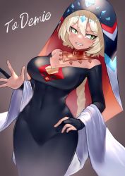 Rule 34 | 1girl, alternate costume, black dress, borrowed character, borrowed design, braid, braided ponytail, breasts, cleavage, commentary, covered navel, curvy, dark-skinned female, dark skin, dress, english commentary, gift art, gorget, green eyes, hagoromo, highres, hyuu (sing-dog), impossible clothes, impossible dress, large breasts, long dress, long hair, long sleeves, no bra, off-shoulder dress, off shoulder, original, platinum blonde hair, plunging neckline, sable (demie), second-party source, shawl, single braid, solo, veil