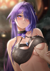 Rule 34 | 1girl, 1other, absurdres, acheron (honkai: star rail), areola slip, bare shoulders, black choker, blush, breasts, choker, cleavage, commentary request, grabbing, grabbing another&#039;s breast, hair ornament, halterneck, highres, honkai: star rail, honkai (series), large breasts, long hair, looking at viewer, multicolored hair, purple eyes, purple hair, royboy, solo focus, stomach, streaked hair, upper body, very long hair, white hair