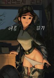 Rule 34 | 1girl, absurdres, assault rifle, brown eyes, brown hair, bucket hat, camouflage, commentary request, gun, hat, highres, indoors, korean commentary, military, military uniform, original, panties, pants, panty pull, rifle, rifleman1130, short hair, solo, standing, sweat, underwear, uniform, weapon, white panties
