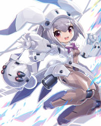 Rule 34 | 1girl, :d, breasts, brown eyes, clenched hand, desktop army, frea nabbit (desktop army), gloves, grey hair, highres, mecha musume, mechanical legs, medium breasts, open mouth, robot, science fiction, short hair, smile, solo, white background, white gloves, yoyoyoyoyo (turuse)