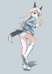 Rule 34 | 1girl, animal ears, ass, blue eyes, blue jacket, blush, boots, card, closed mouth, commentary, crotch seam, dog ears, dog tail, eila ilmatar juutilainen, from behind, frown, full body, grey background, grey hair, highres, holding, holding card, jacket, kk90, leaning forward, long hair, long sleeves, looking at viewer, looking back, no legwear, no pants, panties, shadow, simple background, solo, standing, standing on one leg, strike witches, tail, underwear, white footwear, white panties, world witches series