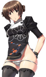 Rule 34 | 1girl, alternate costume, bare shoulders, black thighhighs, brown eyes, brown hair, chai xianghua, china dress, chinese clothes, dress, kansuke, panties, panty pull, solo, soul calibur, soulcalibur, soulcalibur ii, standing, thighhighs, underwear, white panties