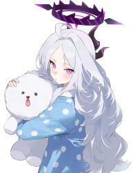 Rule 34 | 1girl, ahoge, alternate costume, blue archive, casual, commentary request, demon girl, demon horns, forehead, from side, hair down, halo, head tilt, highres, hina (blue archive), horns, hugging doll, hugging object, hyeonwook9, long hair, long sleeves, looking at viewer, looking to the side, parted bangs, polka dot, purple eyes, sidelocks, simple background, solo, stuffed animal, stuffed dog, stuffed toy, wavy hair, white hair