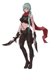 Rule 34 | 1girl, arc2urus, blue eyes, blue hair, boots, breasts, brown footwear, brown gloves, brown pants, closed mouth, crop top, dagger, dual wielding, fingerless gloves, full body, gloves, heterochromia, highres, holding, holding dagger, holding knife, holding weapon, knife, long hair, looking at viewer, lost ark, pants, red eyes, red scarf, scarf, shana (lost ark), simple background, solo, standing, weapon, white background