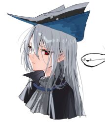 Rule 34 | 1girl, :|, arknights, arms at sides, black headwear, black jacket, closed mouth, collared jacket, cropped torso, expressionless, fish, from side, grey hair, grey shirt, hair between eyes, highres, horn/wood, jacket, long hair, looking at viewer, open clothes, open jacket, pointy hat, red eyes, sacabambaspis, shirt, sidelocks, skadi (arknights), solo, straight hair, turtleneck
